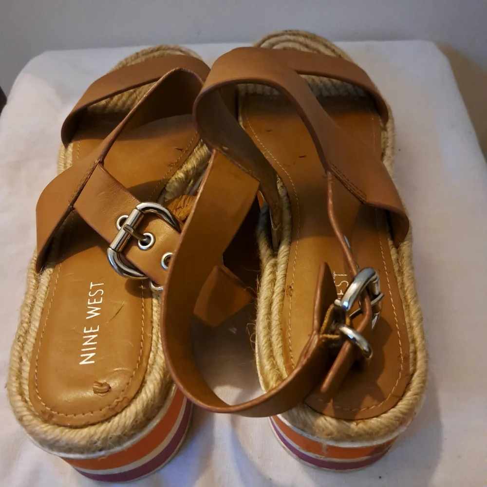 NINE WEST Womens Tan Leather Espadrille‎ Platform Sandals Size 12 Wedge